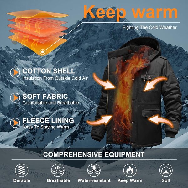 CHEXPEL Vestes d'hiver pour homme avec capuche en coton - Veste militaire doublée en polaire épaisse avec poches cargo