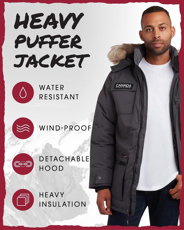 CANADA WEATHER GEAR Parka pour homme - Parka épaisse doublée en polaire avec capuche en fausse fourrure - Veste chaude pour homme (M-XXL)